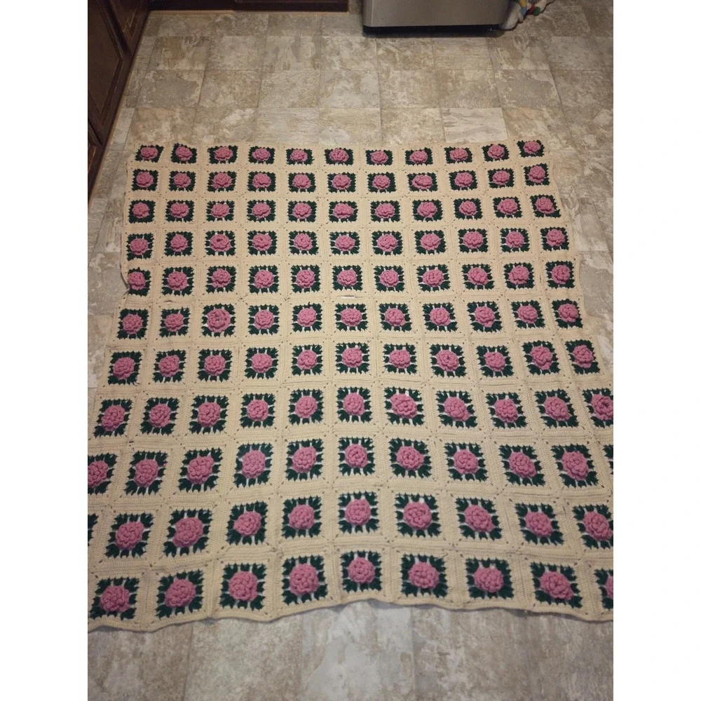 Vintage Handmade Granny Square Rose Afghan 76in x 76in